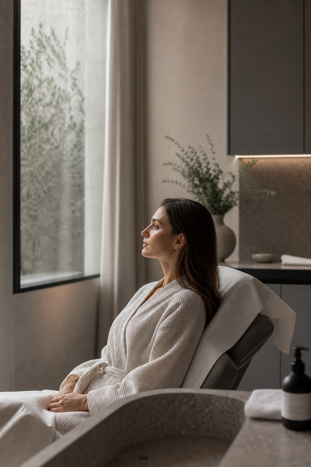 Premium cosmetic clinic patient in a calm modern treatment room