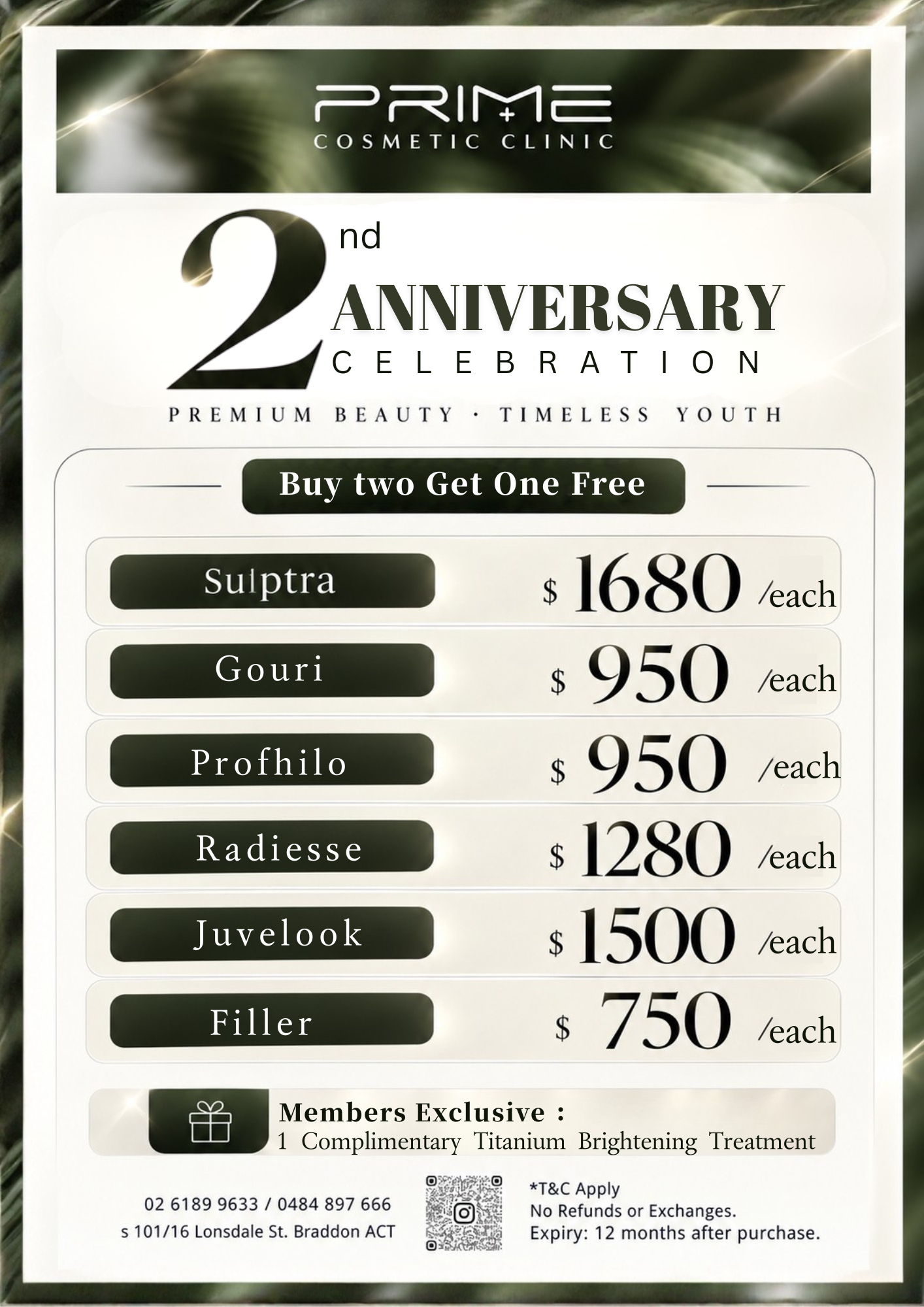 Prime Cosmetic Clinic Canberra second anniversary buy two get one promotion