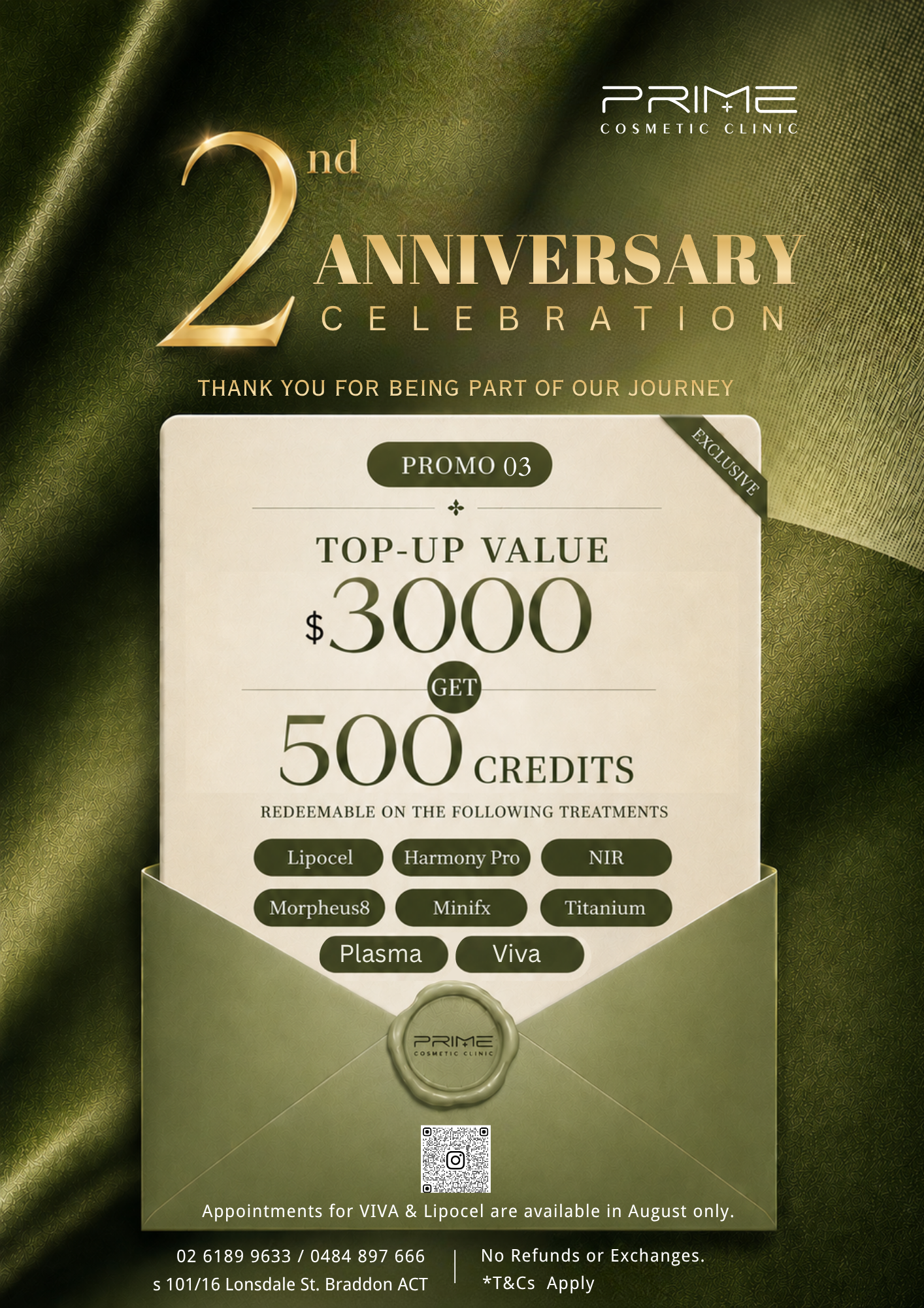 Prime Cosmetic Clinic Canberra second anniversary top up credit promotion