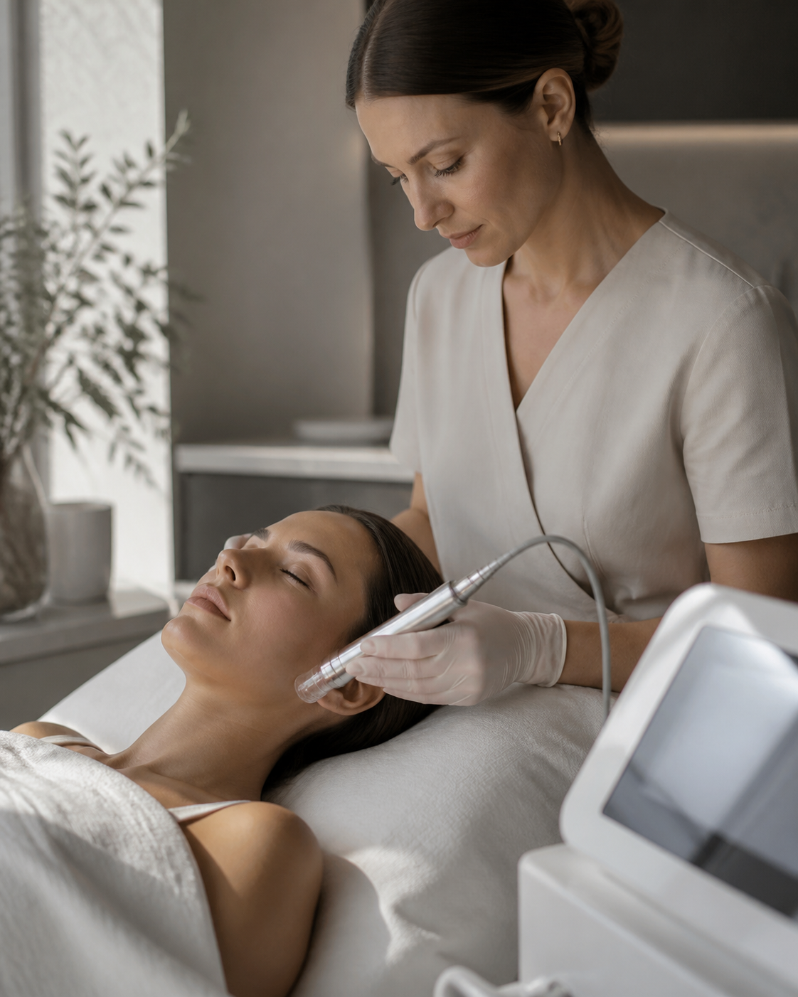 Clinician performing a premium skin treatment in a calm cosmetic clinic